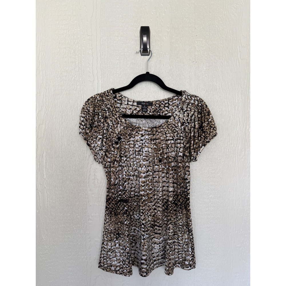 Style & Co Womens Brown Snakeskin Animal Print Pleated Scoop Neck Top Size M
